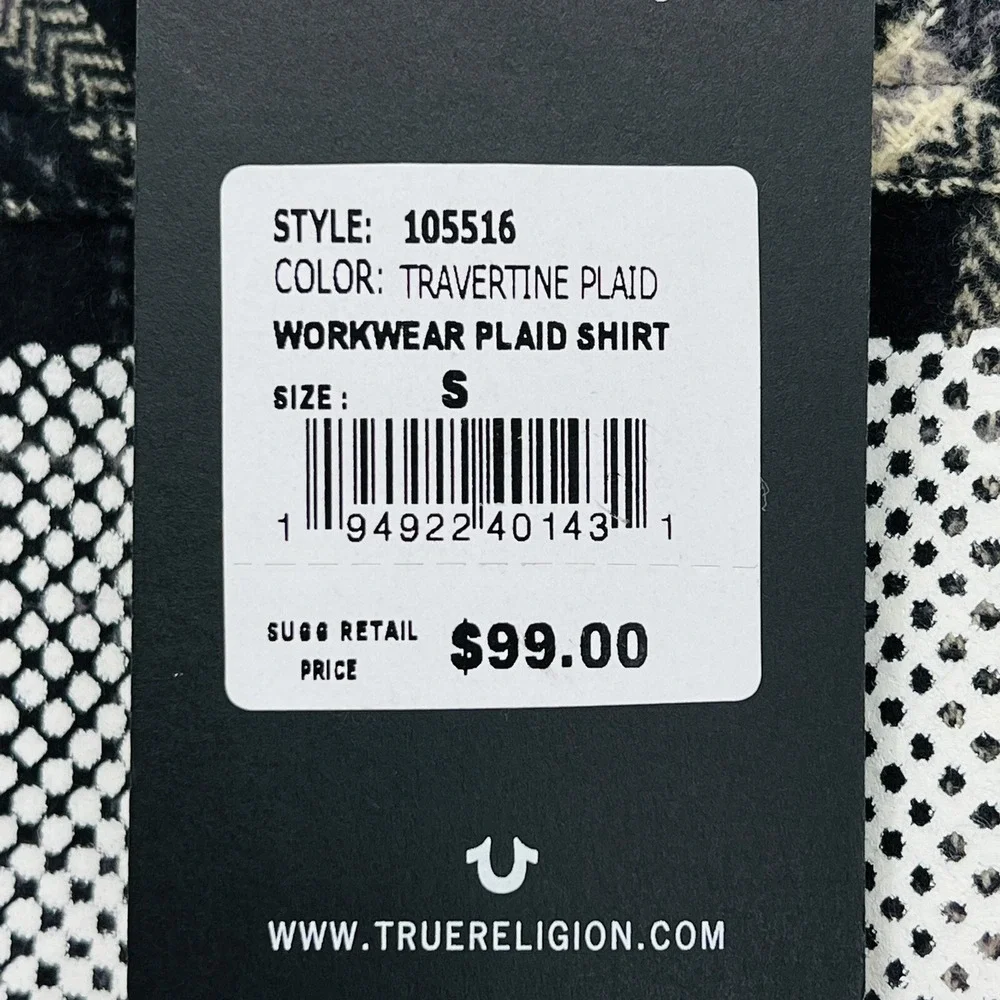 True Religion Mens Black Tan Fleece Plaid Shirt Sz Small Travertine Workwear NWT